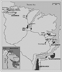 [Kart: Baser og verft ved den Russiske Nordflten]